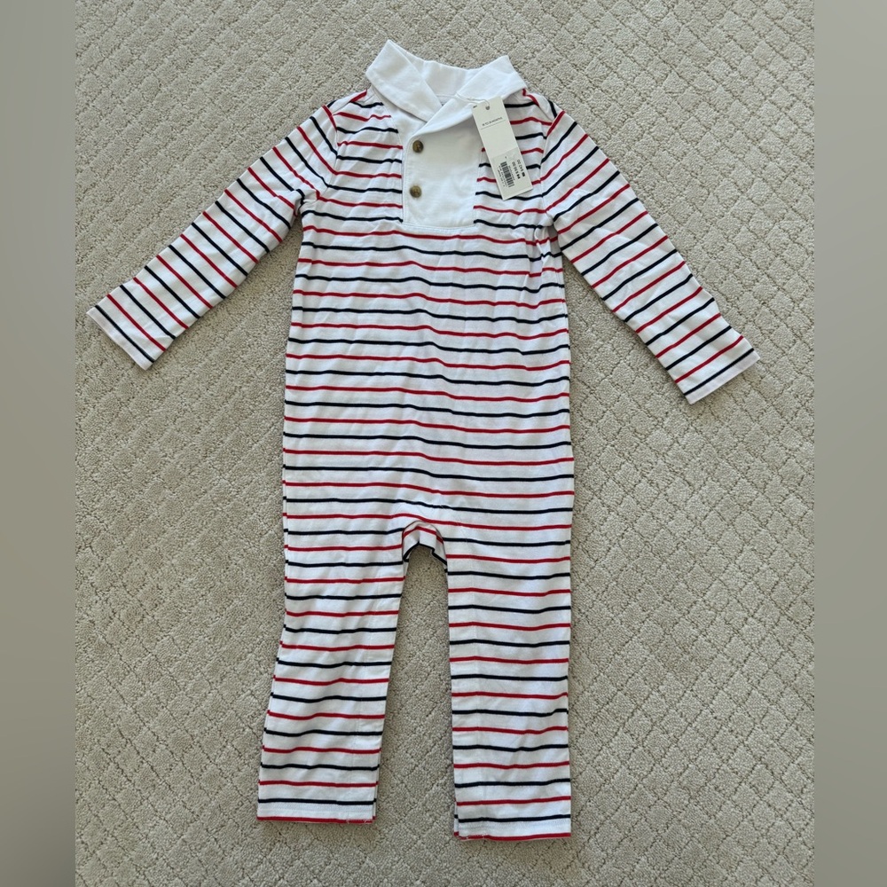 NWT Janie & Jack Shawl Collar One-Piece for Toddler Boy with Stripes and Buttons